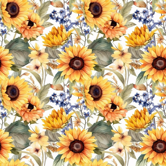 sunflower pattern, yellow flowers, orange petals, blue wildflowers, green leaves, floral design, botanical print, quilting cotton, fabric panel, watercolor style, repeating pattern, autumn colors, nature motif, garden flowers, warm tones, craft fabric, sewing material, flower heads, leafy stems, artistic florals