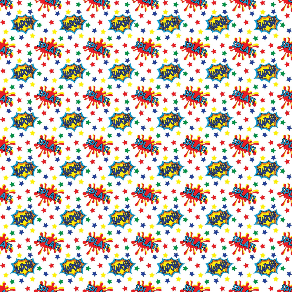 Comic-style pattern with words like “splat” surrounded by colorful stars and shapes on a white background.