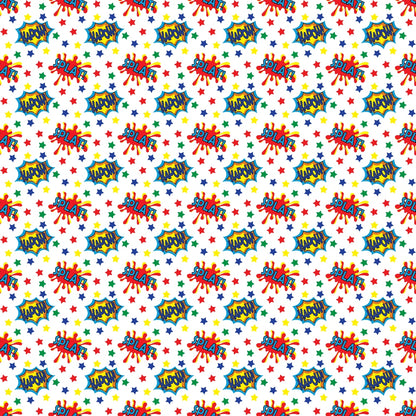 Comic-style pattern with words like “splat” surrounded by colorful stars and shapes on a white background.