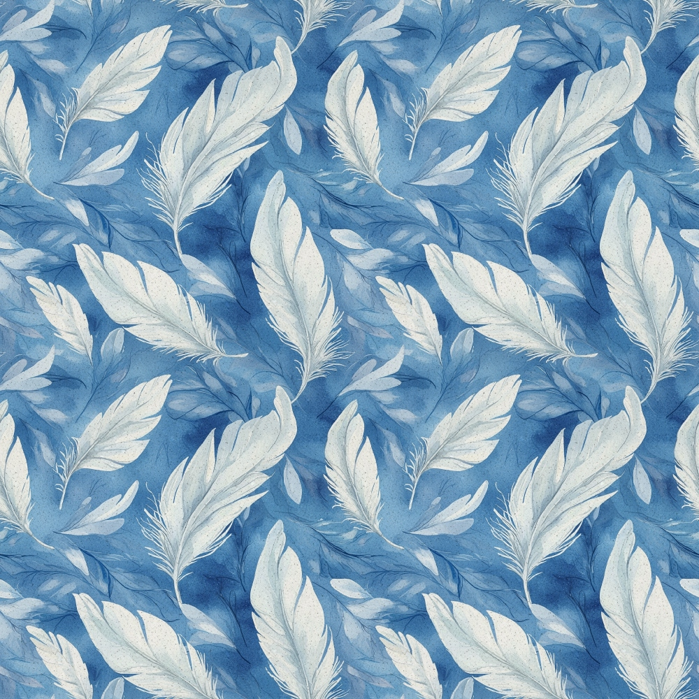 A seamless pattern of white feathers on a textured blue background, creating a soft, flowing design.