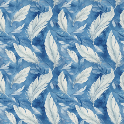 A seamless pattern of white feathers on a textured blue background, creating a soft, flowing design.