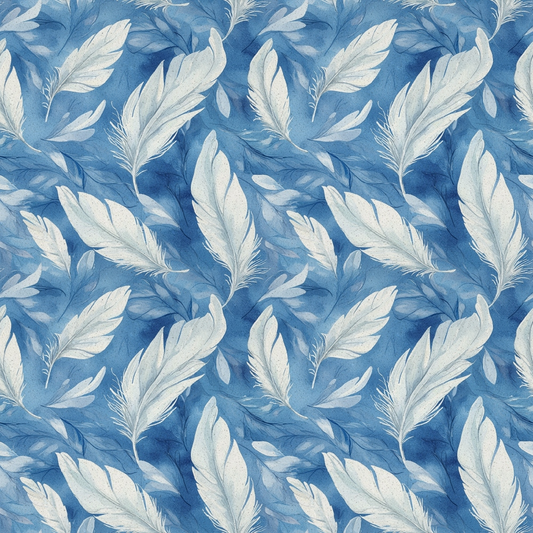 A seamless pattern of white feathers on a textured blue background, creating a soft, flowing design.