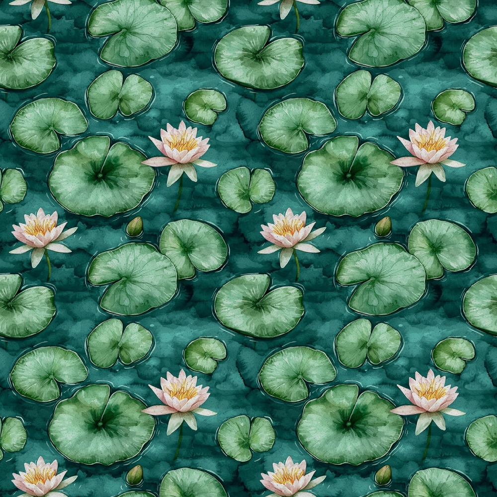 A seamless pattern of green lily pads and pink water lilies on a teal background.