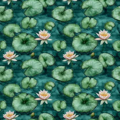 A seamless pattern of green lily pads and pink water lilies on a teal background.