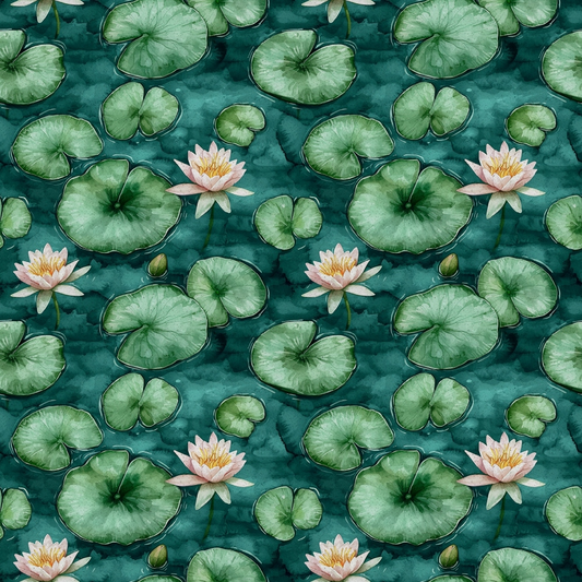 A seamless pattern of green lily pads and pink water lilies on a teal background.