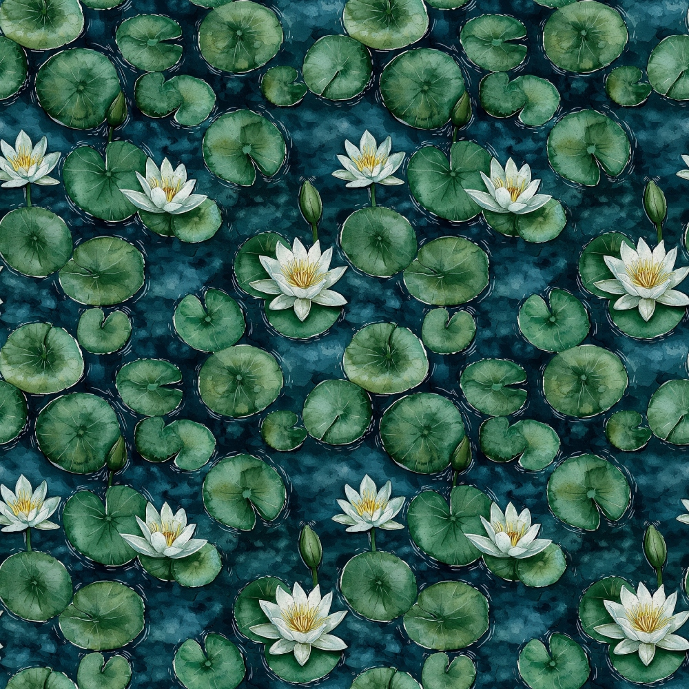 Pattern of white water lilies and green lily pads on a dark blue water background.