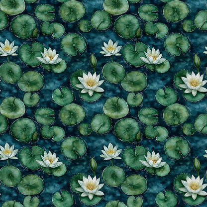 Pattern of white water lilies and green lily pads on a dark blue water background.