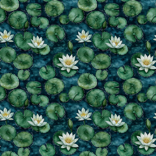 Pattern of white water lilies and green lily pads on a dark blue water background.