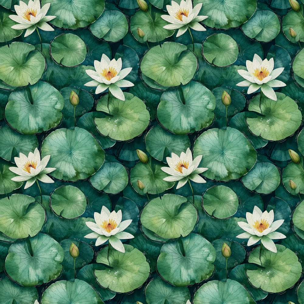 Illustration of white water lilies and green lily pads on water, arranged in a seamless repeating pattern.