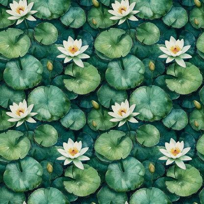 Illustration of white water lilies and green lily pads on water, arranged in a seamless repeating pattern.