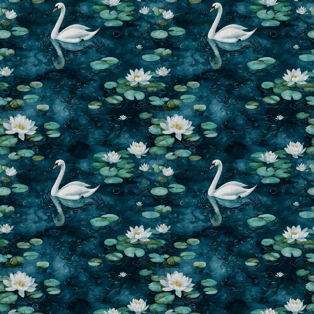 Pattern of swans swimming among lily pads and white water lilies on a dark blue background.