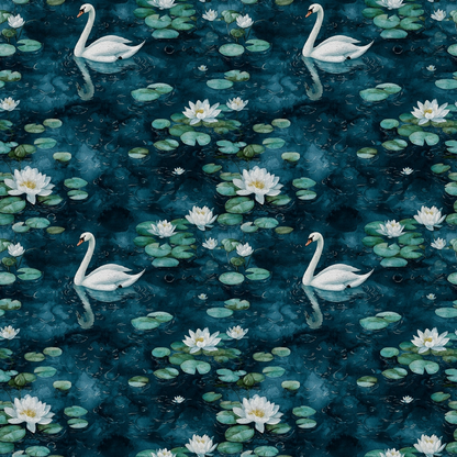 Pattern of swans swimming among lily pads and white water lilies on a dark blue background.