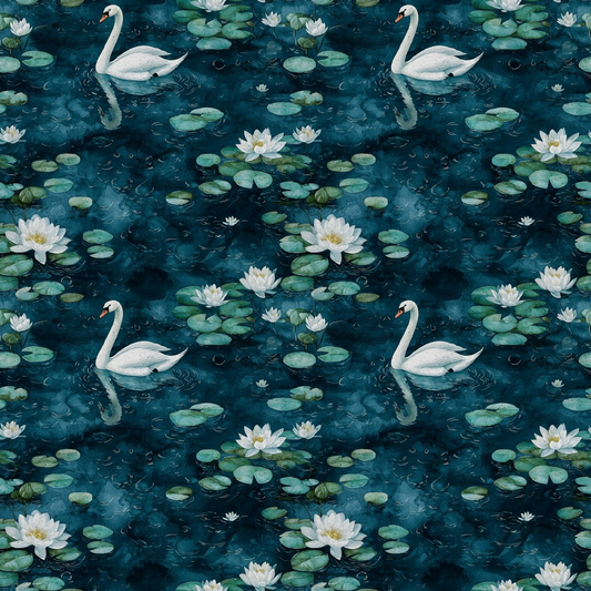 Pattern of swans swimming among lily pads and white water lilies on a dark blue background.