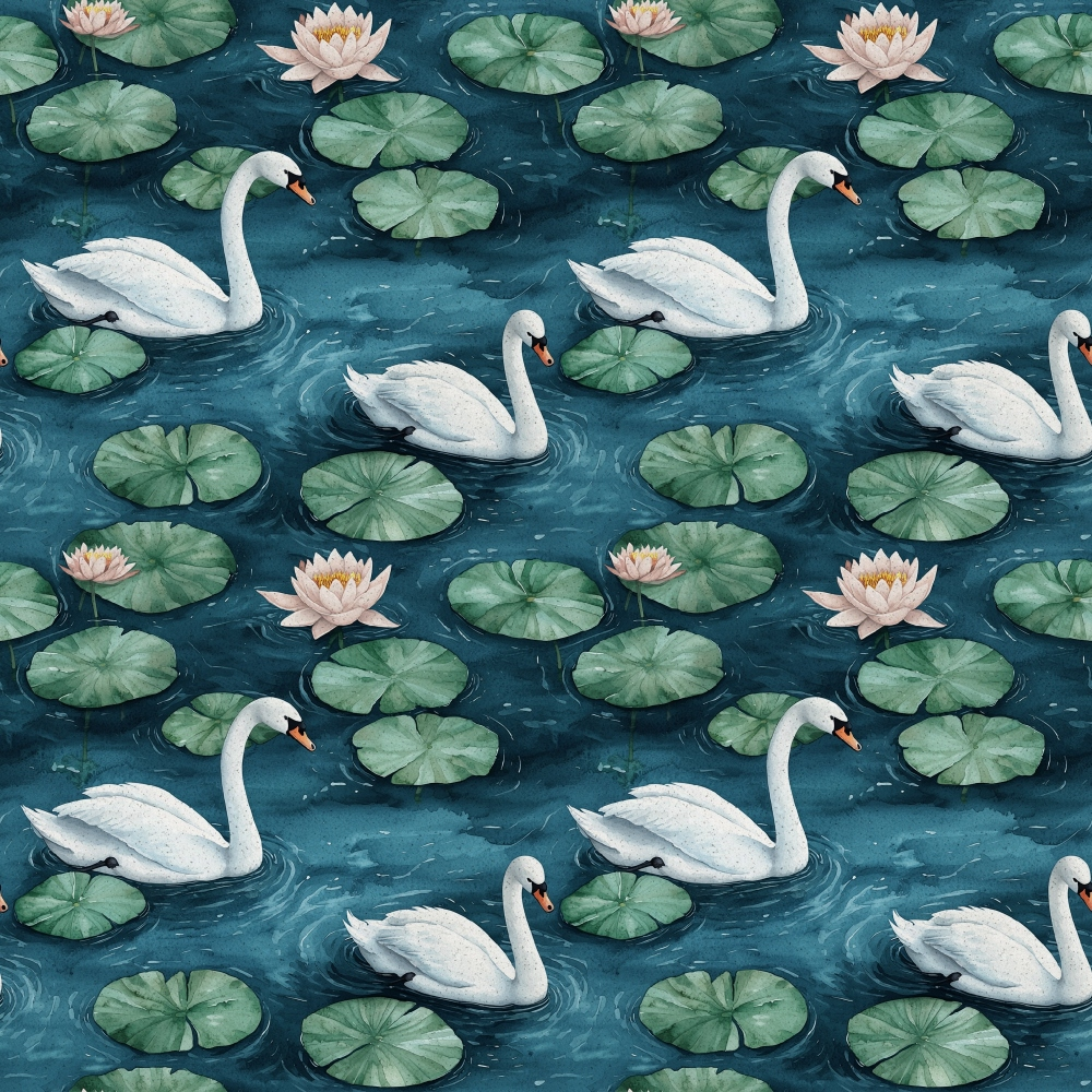 Pattern of swans swimming among lily pads and pink water lilies on a dark blue water background.