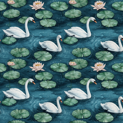 Pattern of swans swimming among lily pads and pink water lilies on a dark blue water background.