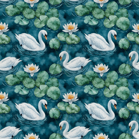 Pattern of white swans swimming among green lily pads and blooming water lilies on a dark blue background.