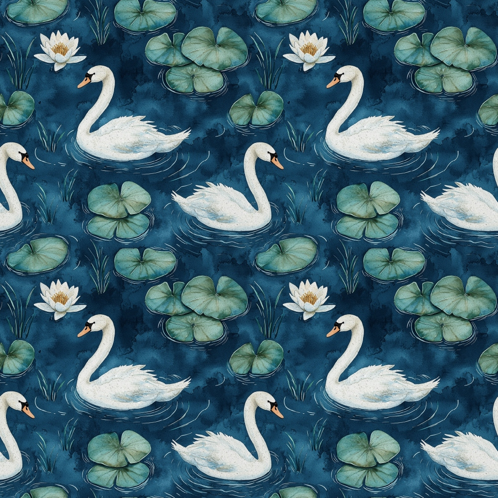 Pattern with swans swimming among lily pads and flowers on a deep blue background.