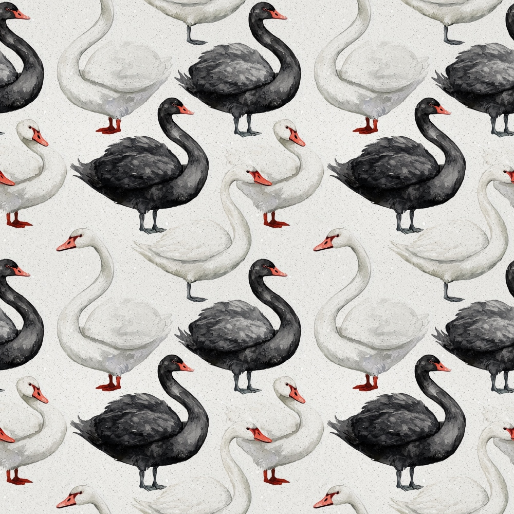 Pattern featuring alternating black and white swans facing different directions on a light background.