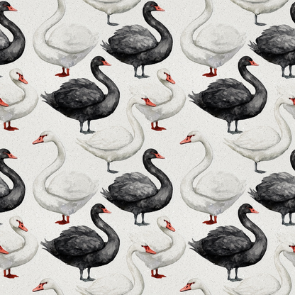 Pattern featuring alternating black and white swans facing different directions on a light background.