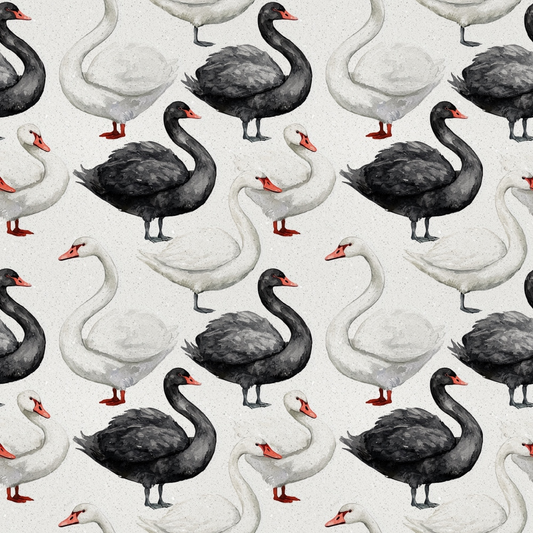 Pattern featuring alternating black and white swans facing different directions on a light background.