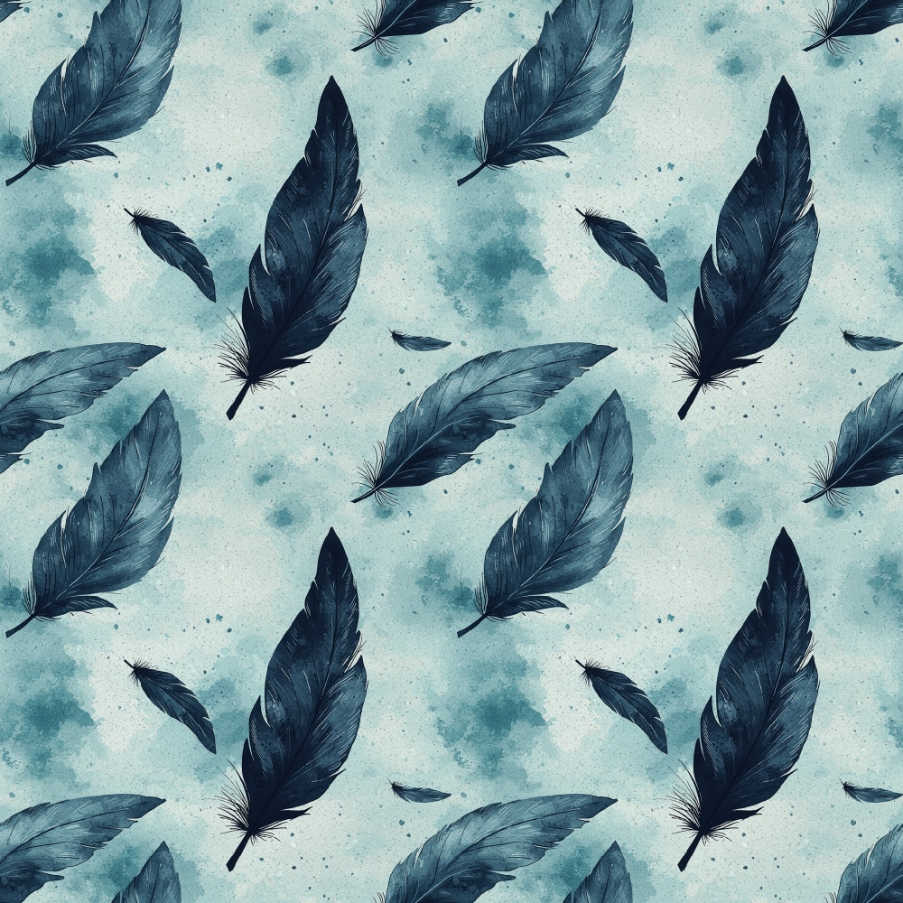 Pattern of scattered dark blue feathers on a light blue textured background.