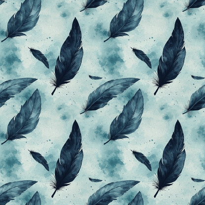 Pattern of scattered dark blue feathers on a light blue textured background.