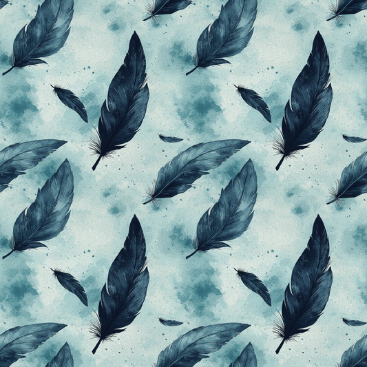 Pattern of scattered dark blue feathers on a light blue textured background.