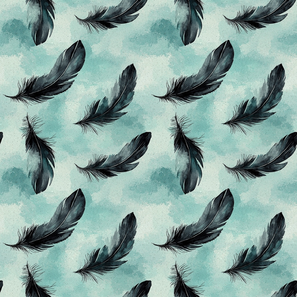 Pattern of black feathers on a light teal watercolor background.