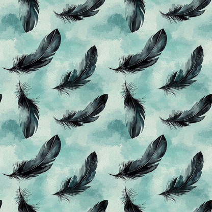 Pattern of black feathers on a light teal watercolor background.