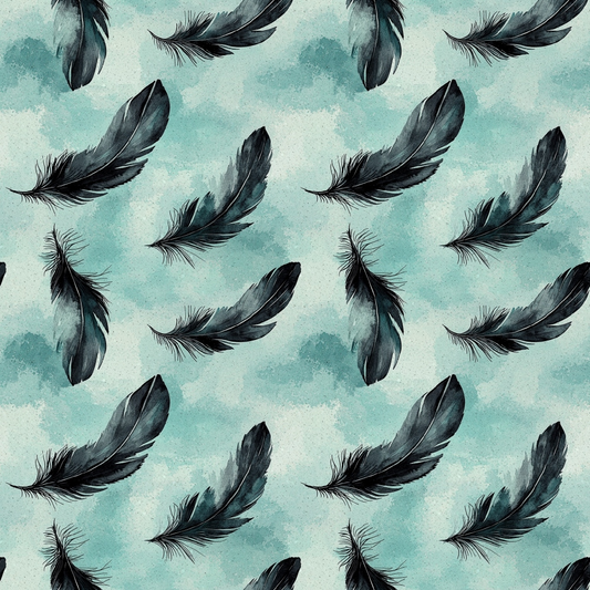 Pattern of black feathers on a light teal watercolor background.