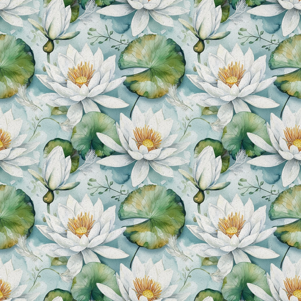 Pattern of white water lilies and green lily pads on a light blue background.