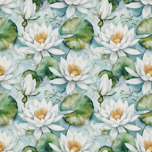 Pattern of white water lilies and green lily pads on a light blue background.