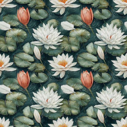 Pattern of white and pink water lilies with green lily pads on a dark background.