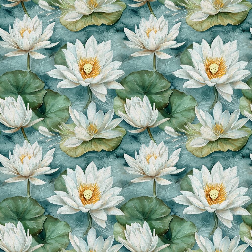 Pattern of white water lilies and green lily pads on a teal background.