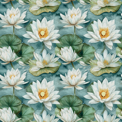 Pattern of white water lilies and green lily pads on a teal background.