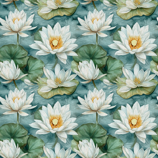 Pattern of white water lilies and green lily pads on a teal background.