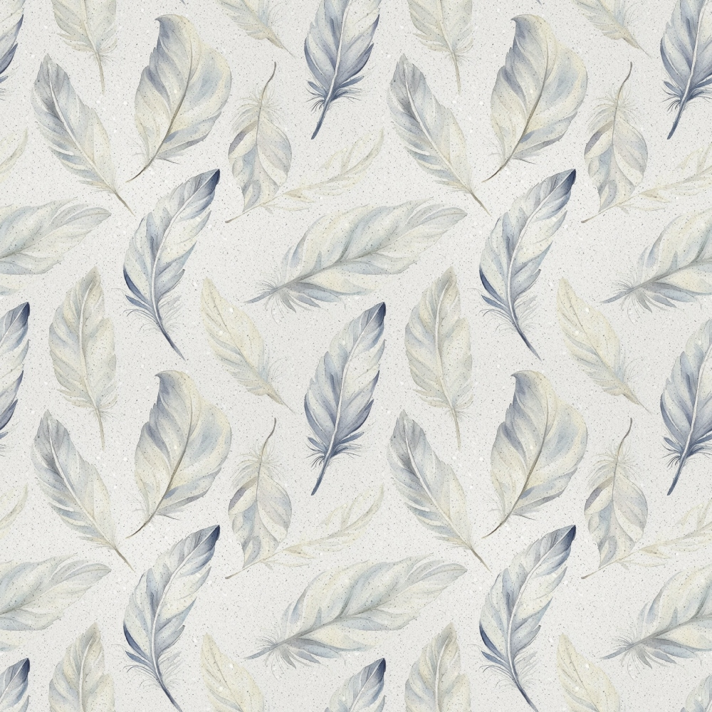 Pattern of soft, blue and beige feathers on a light background.