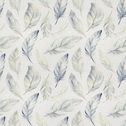 Pattern of soft, blue and beige feathers on a light background.