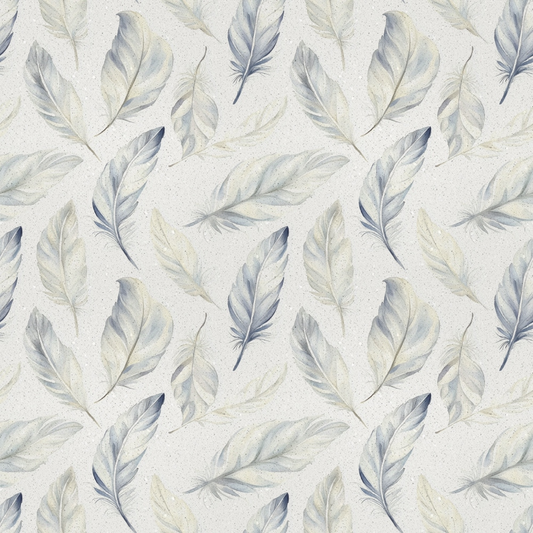 Pattern of soft, blue and beige feathers on a light background.