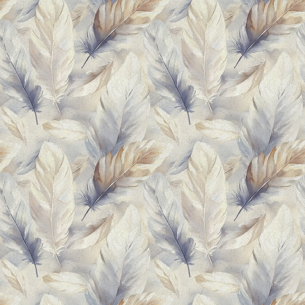 A seamless pattern of delicate, watercolor feathers in shades of beige, brown, and light blue, spread evenly across a light background.