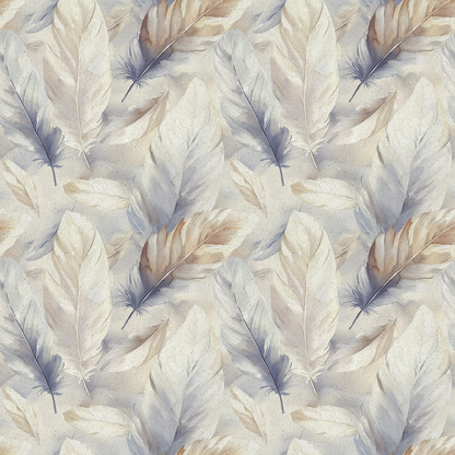 A seamless pattern of delicate, watercolor feathers in shades of beige, brown, and light blue, spread evenly across a light background.