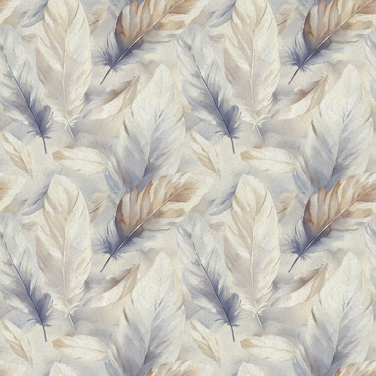 A seamless pattern of delicate, watercolor feathers in shades of beige, brown, and light blue, spread evenly across a light background.