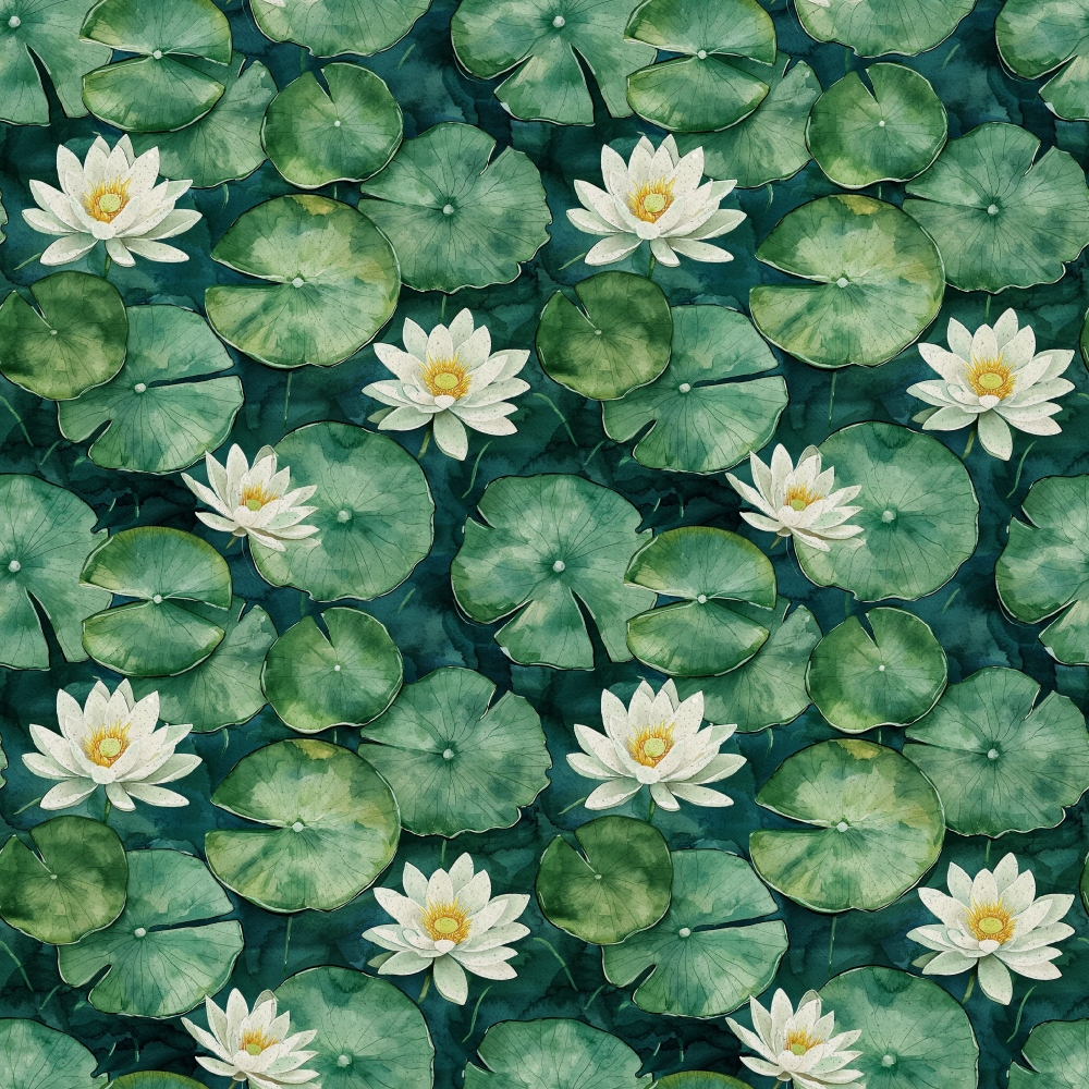 Seamless pattern of white water lilies and green lily pads on a dark background.