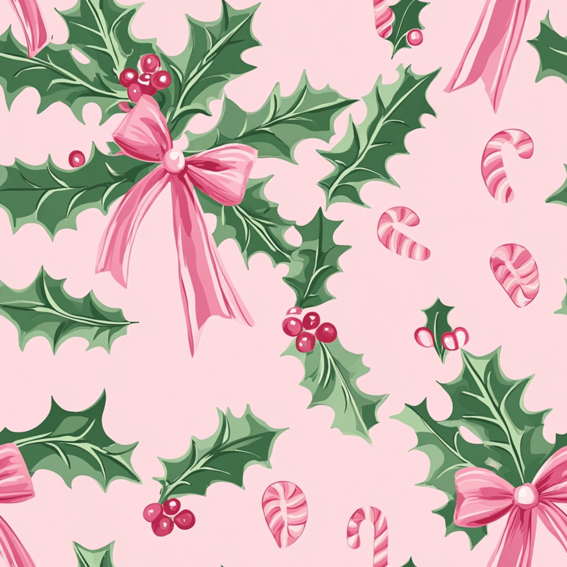 - Sweet Pink Christmas Pattern 8 Quilting Cotton Fabric  
- pink background  
- green holly leaves  
- red berries  
- pink bows  
- candy canes  
- festive holiday design  
- quilting fabric  
- cotton textile  
- Christmas motif