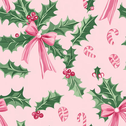 pink, green, holly leaves, red berries, ribbon bows, candy canes, christmas pattern, quilting cotton, fabric panel, festive design, botanical motifs, holiday theme, soft pastels, vintage style, repeating pattern, winter elements, decorative bows, cheerful mood, cotton fabric, seasonal print