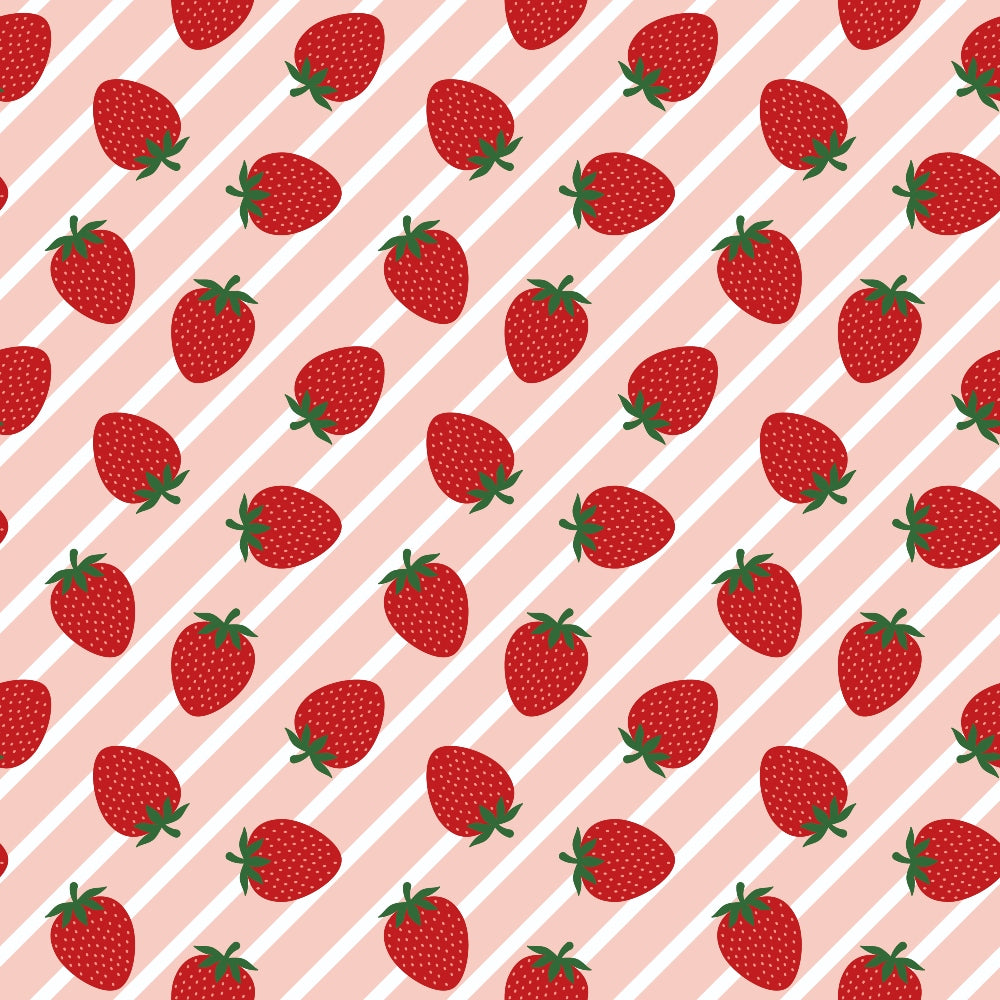 Pattern of illustrated strawberries on diagonal pink and white stripes.
