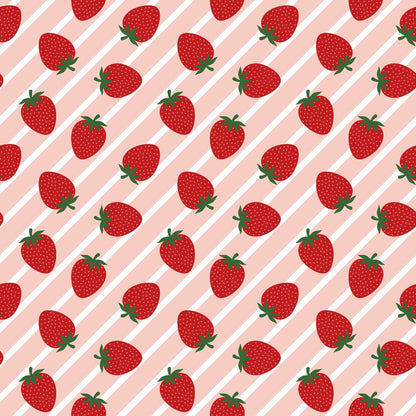Pattern of illustrated strawberries on diagonal pink and white stripes.