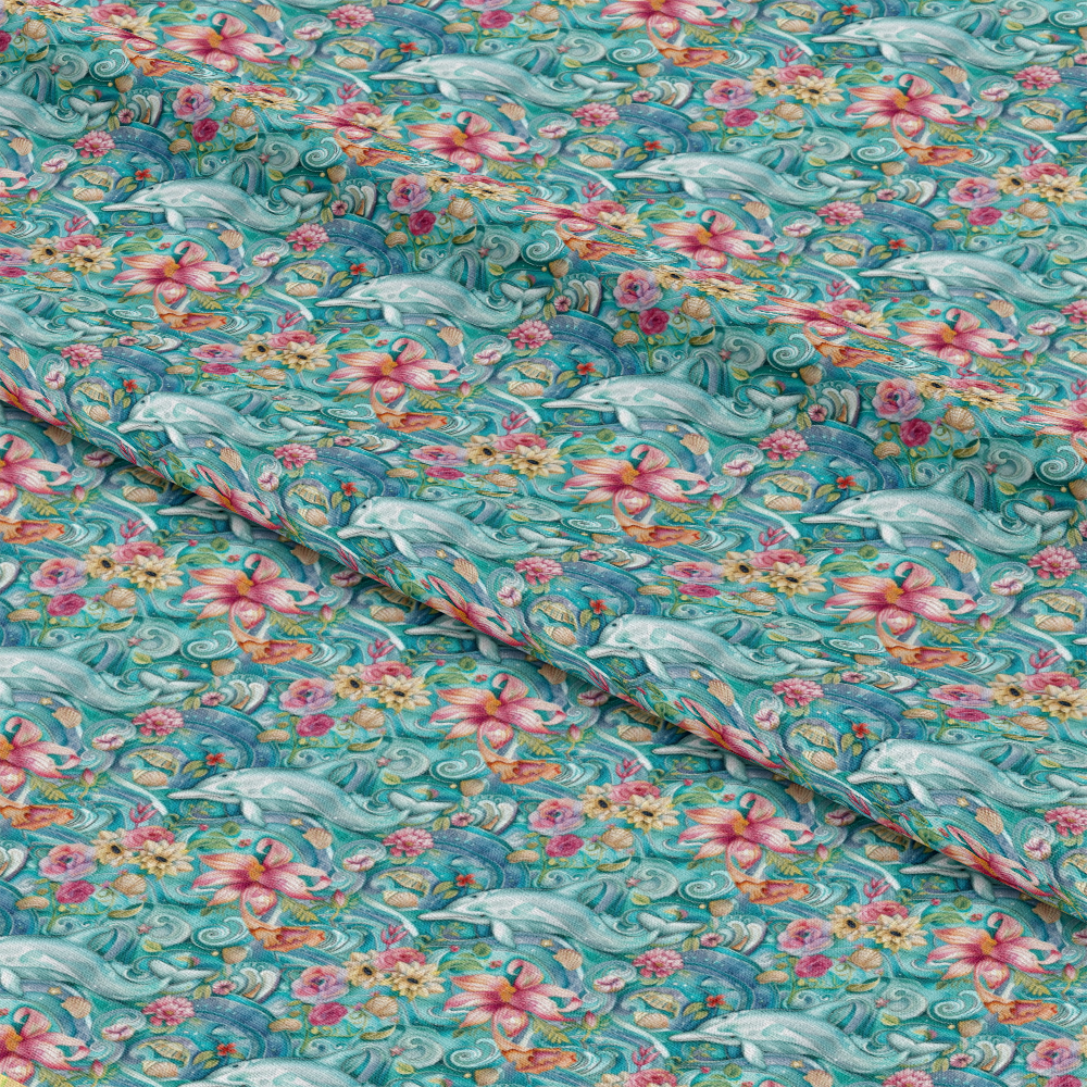 - Swimming with Dolphins Pattern 10 Quilting Cotton Fabric  
- dolphin motifs  
- aqua blue background  
- tropical flowers  
- pink and coral hues  
- seashell accents  
- cotton textile  
- swimming marine life  
- vibrant colorful print  
- quilting material  
- ocean-inspired design