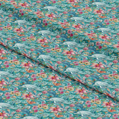 - Swimming with Dolphins Pattern 10 Quilting Cotton Fabric  
- dolphin motifs  
- aqua blue background  
- tropical flowers  
- pink and coral hues  
- seashell accents  
- cotton textile  
- swimming marine life  
- vibrant colorful print  
- quilting material  
- ocean-inspired design