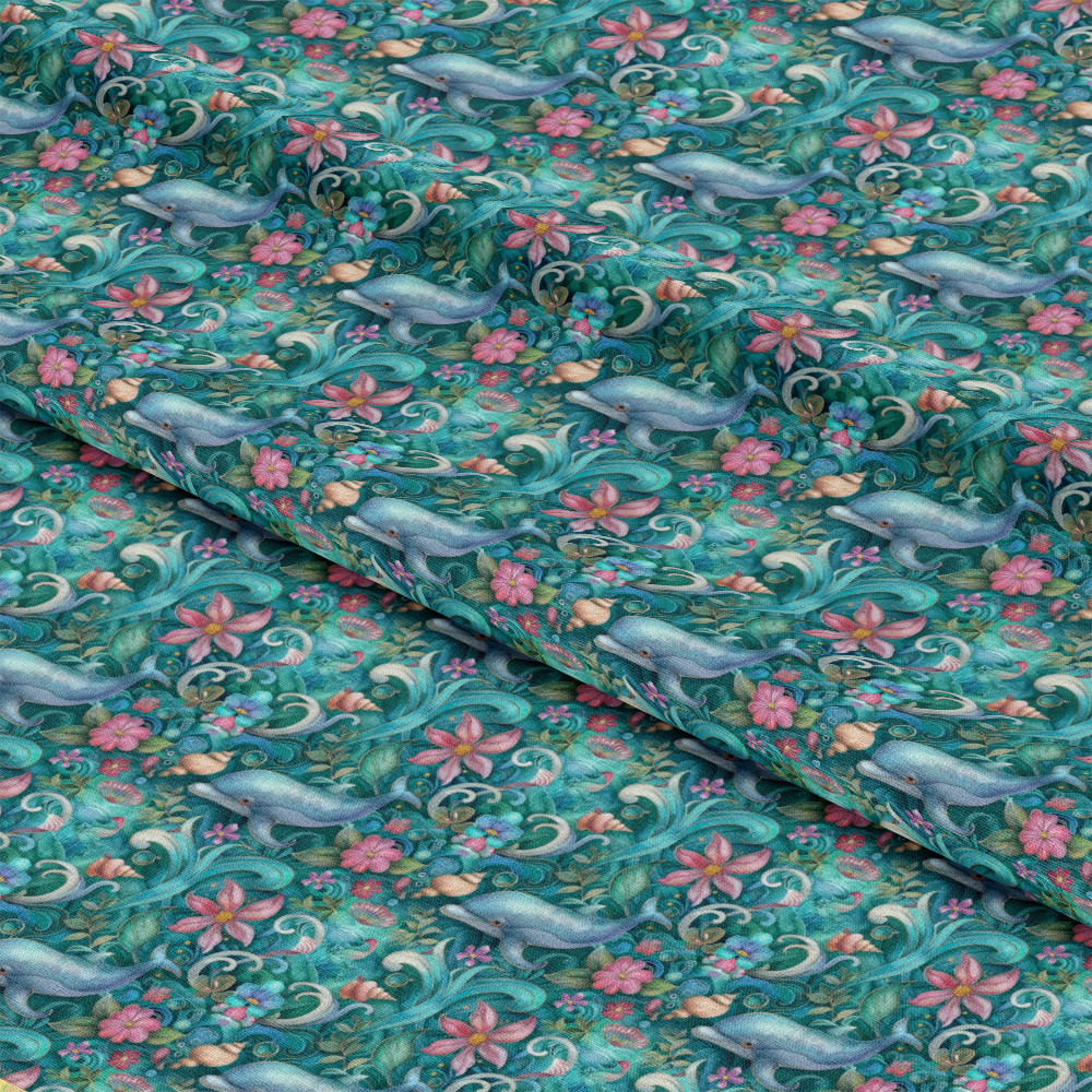- Swimming with Dolphins Pattern 7 Quilting Cotton Fabric  
- dolphins, flowers, leaves  
- teal, pink, green, blue  
- aquatic, marine, ocean, tropical  
- cotton textile, quilting material, fabric print  
- colorful, detailed, nature-inspired, decorative